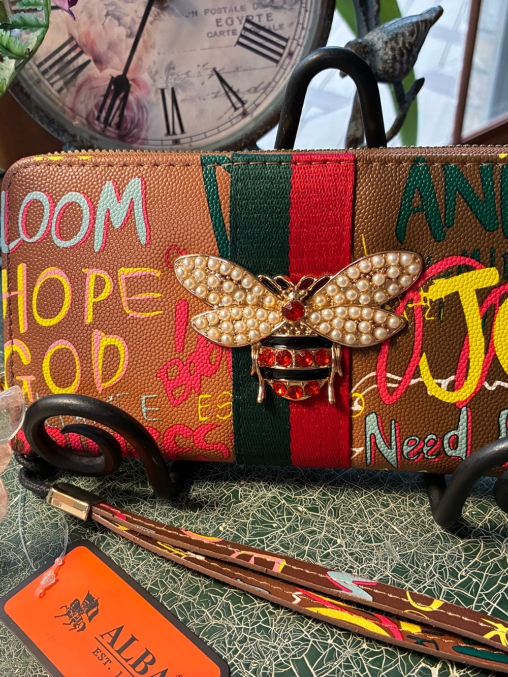 Alba Brown Multicolor Graffiti Wallet with Bee Emblem